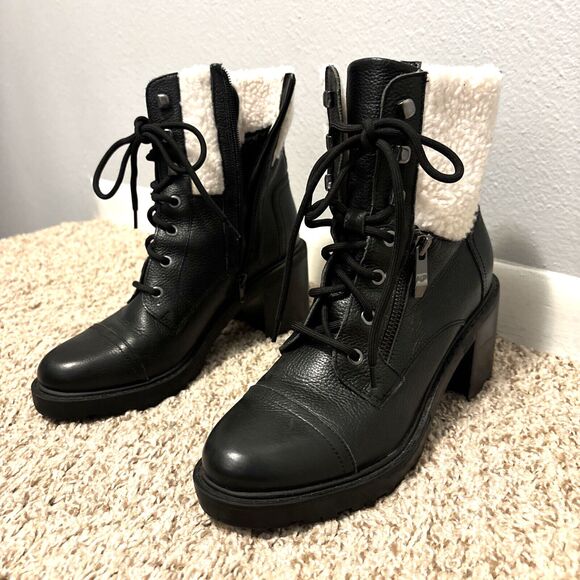 Marc Fisher Lace-Up Heeled Lansley Combat‎ 8.5 Work Boot Shearling Lining Black - Picture 1 of 9